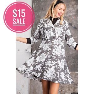 🔥SALE Grey Floral Long Sleeve Skater Mini Dress